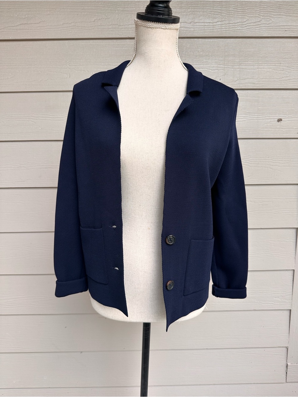 Trenery Navy Blue Double Breasted Knitted Blazer Size XXS (S5)
